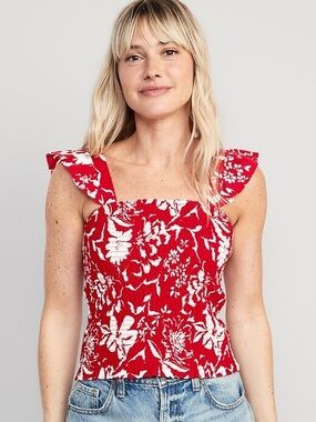 Old Navy Fitted Ruffle-Trim Smocked Floral Top L Flowerbed On Red Sleeveless
